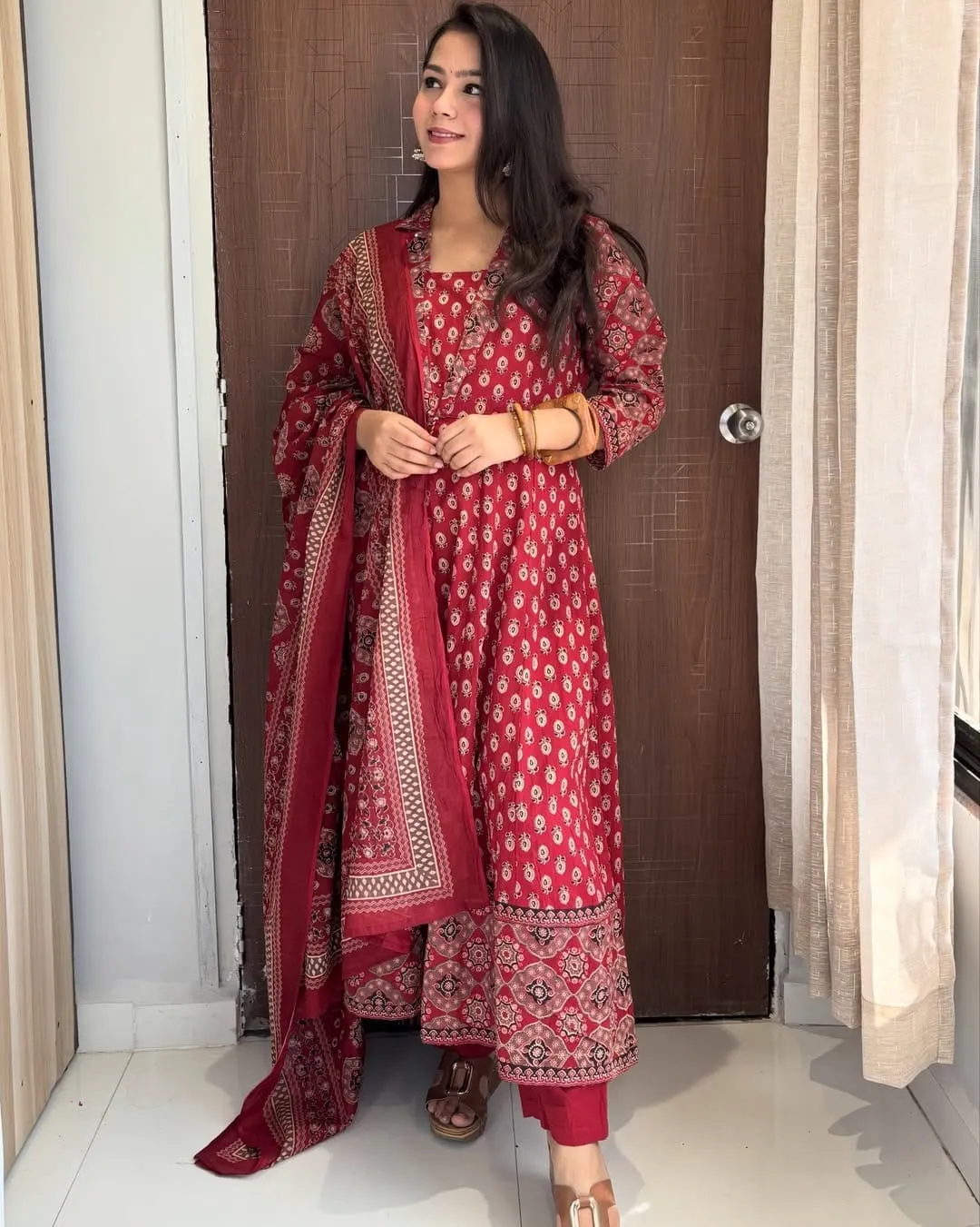 Pure Cotton Printed Flared Anarkali Kurta Pant Set with Dupatta | Sequin Katha Work Festive 3-Piece Suit