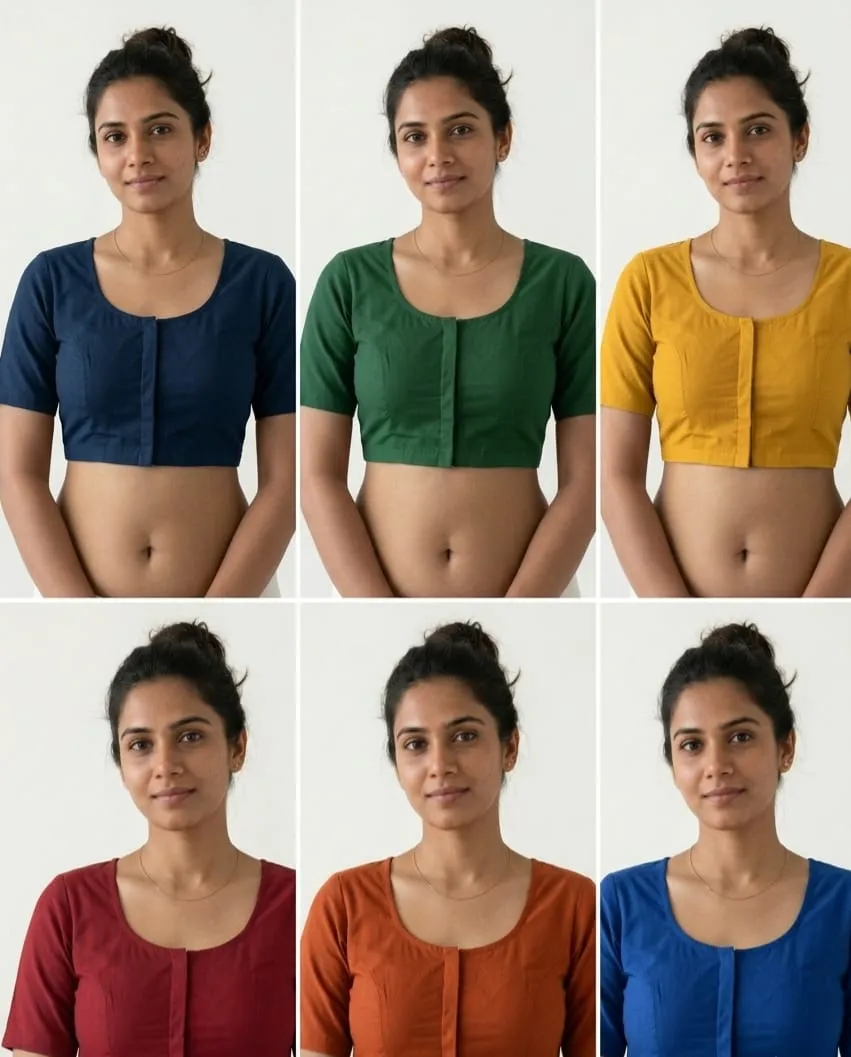 Pure Cotton Readymade Saree Blouse – Front Hook, Round Deep Back Neck Plain Blouse (Multi-Color)