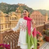 Pure Cotton Schiffli Kurti Pant Set with Mulmul Tie-Dye Dupatta | Hand Embroidered Party Wear Suit Set for Women - Image 10