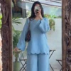Pure Cotton Slub Co-Ord Set for Women | Scallop Cutwork Tunic Top with Flared Palazzo Pants 2-Piece Set
