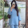 Pure Cotton Slub Co-Ord Set for Women | Scallop Cutwork Tunic Top with Flared Palazzo Pants 2-Piece Set - Image 10
