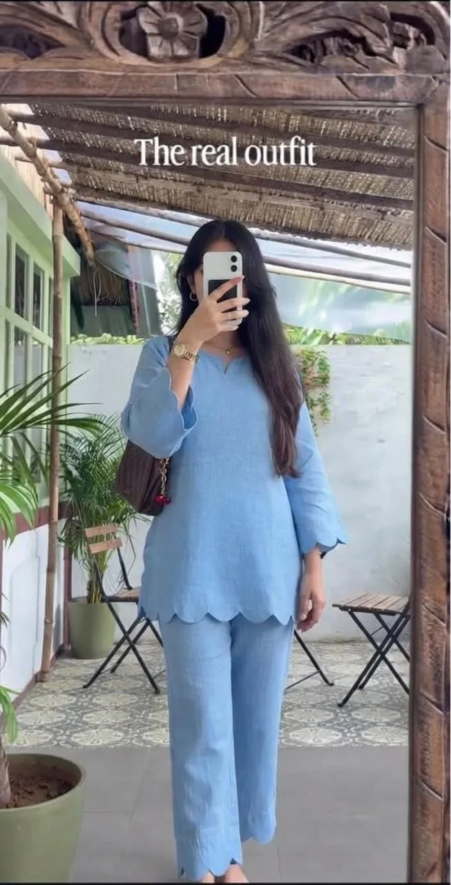 Pure Cotton Slub Co-Ord Set for Women | Scallop Cutwork Tunic Top with Flared Palazzo Pants 2-Piece Set - Image 10