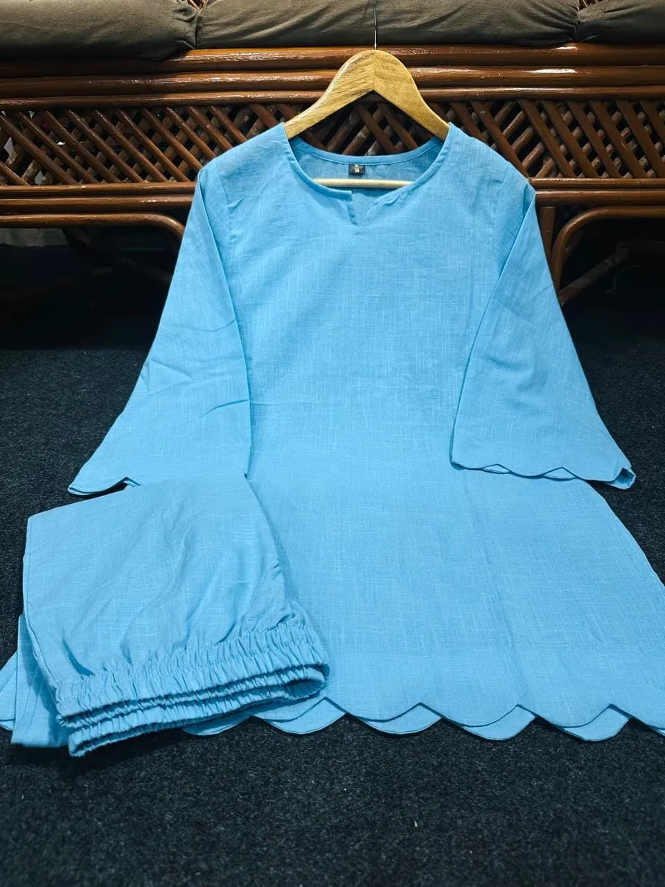 Pure Cotton Slub Co-Ord Set for Women | Scallop Cutwork Tunic Top with Flared Palazzo Pants 2-Piece Set - Image 11