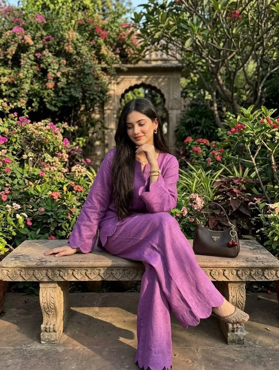 Pure Cotton Slub Co-Ord Set for Women | Scallop Cutwork Tunic Top with Flared Palazzo Pants 2-Piece Set - Image 13