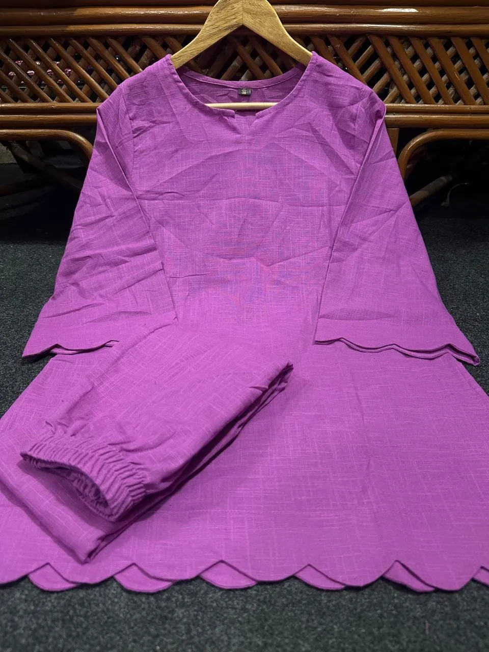 Pure Cotton Slub Co-Ord Set for Women | Scallop Cutwork Tunic Top with Flared Palazzo Pants 2-Piece Set - Image 14