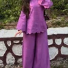 Pure Cotton Slub Co-Ord Set for Women | Scallop Cutwork Tunic Top with Flared Palazzo Pants 2-Piece Set - Image 15