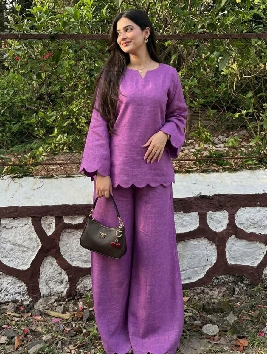 Pure Cotton Slub Co-Ord Set for Women | Scallop Cutwork Tunic Top with Flared Palazzo Pants 2-Piece Set - Image 16
