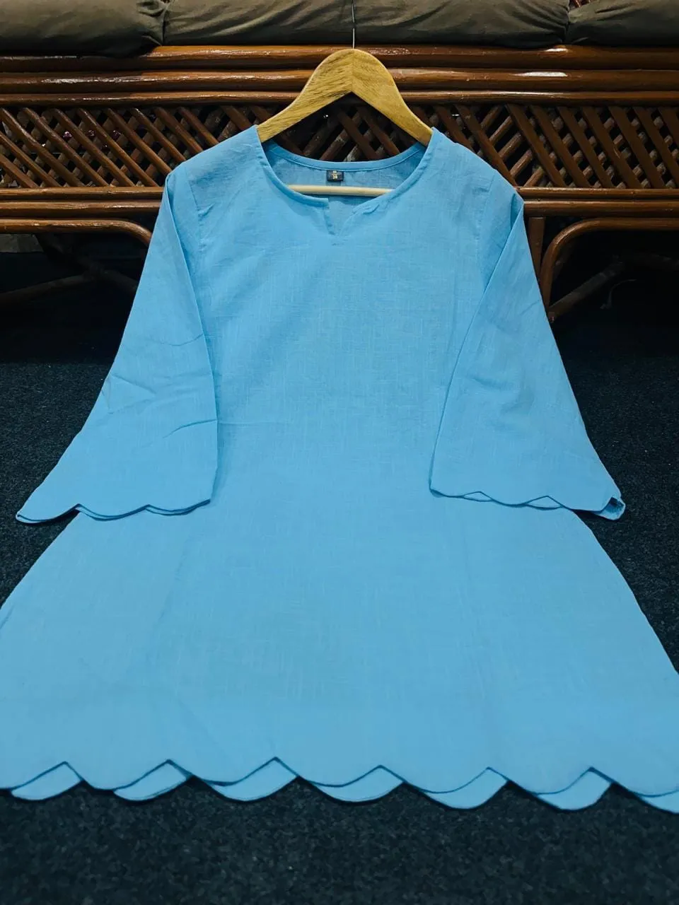 Pure Cotton Slub Co-Ord Set for Women | Scallop Cutwork Tunic Top with Flared Palazzo Pants 2-Piece Set - Image 2