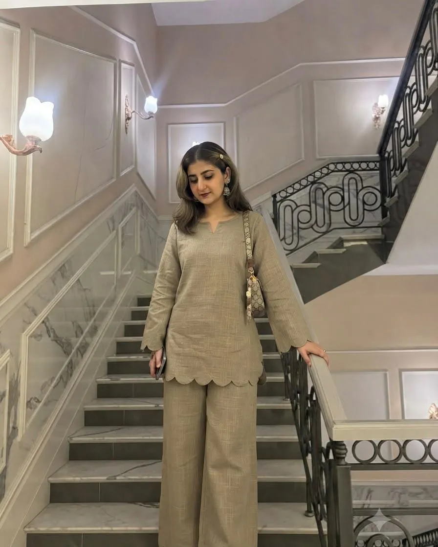 Pure Cotton Slub Co-Ord Set for Women | Scallop Cutwork Tunic Top with Flared Palazzo Pants 2-Piece Set - Image 9