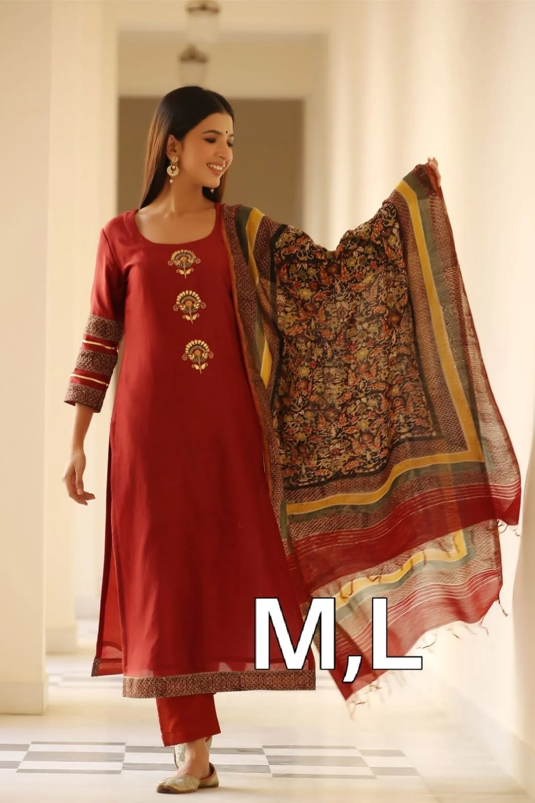 Pure Cotton Straight Kurta Pant Set with Printed Dupatta | Kantha Stitch & Patchwork Yoke Daily Wear 3-Piece Suit (M–3XL)