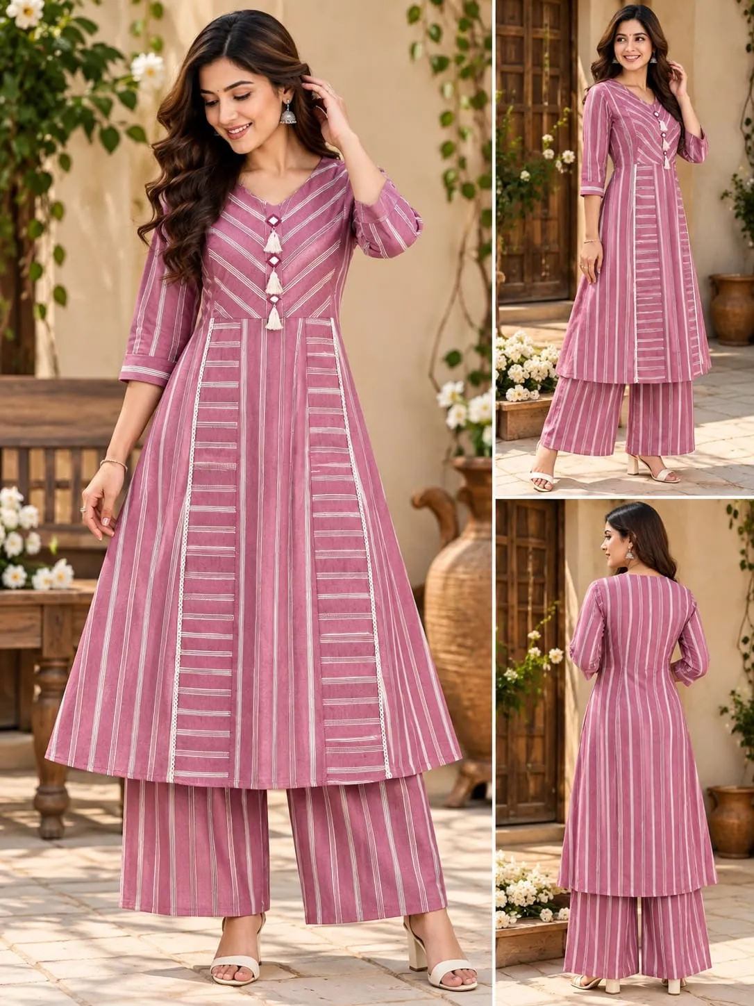 Pure Cotton Striped A-Line Kurti Pant Set | Formal Office Wear Long Kurta with Palazzo Trousers (M–3XL)
