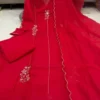 Pure Hand Work A-Line Anarkali Kurti 3-Piece Set with Scallop Border Dupatta | Festive Cotton Lined Pant & Suit Set - Image 4