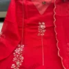 Pure Hand Work A-Line Anarkali Kurti 3-Piece Set with Scallop Border Dupatta | Festive Cotton Lined Pant & Suit Set - Image 9