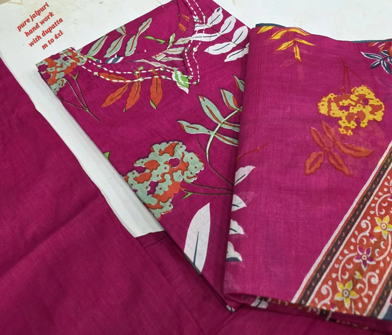 Pure Jaipuri Handwork Kurti Pant Dupatta Set (S-4XL)