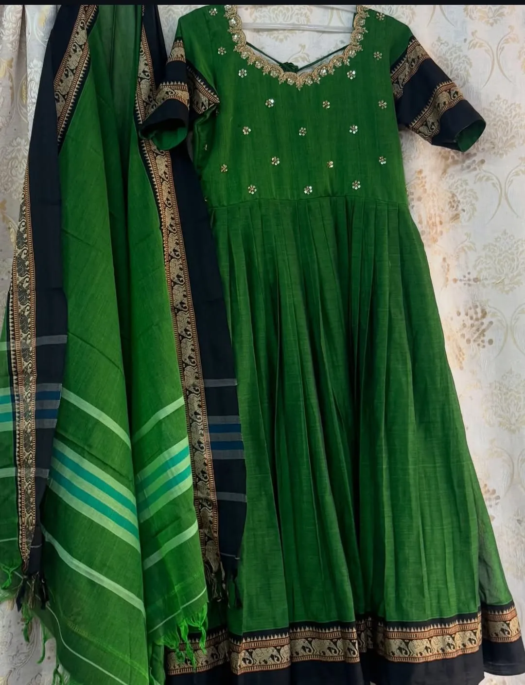 Pure Narayanpet Handloom Cotton Silk Anarkali Dress with Dupatta | Maggam Work Scalloped Neck & Elephant Border Flared Ethnic Gown Set - Image 3