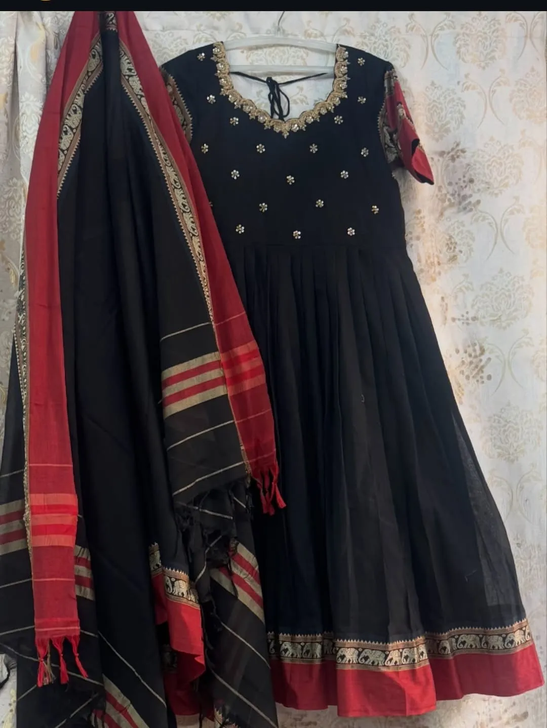 Pure Narayanpet Handloom Cotton Silk Anarkali Dress with Dupatta | Maggam Work Scalloped Neck & Elephant Border Flared Ethnic Gown Set - Image 4