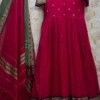 Pure Narayanpet Handloom Cotton Silk Anarkali Dress with Dupatta | Maggam Work Scalloped Neck & Elephant Border Flared Ethnic Gown Set - Image 5