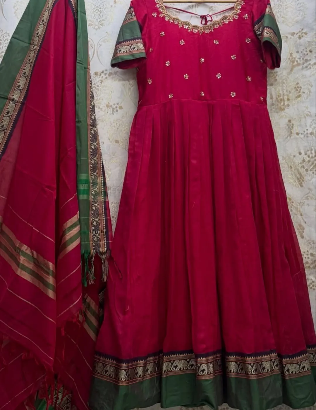 Pure Narayanpet Handloom Cotton Silk Anarkali Dress with Dupatta | Maggam Work Scalloped Neck & Elephant Border Flared Ethnic Gown Set - Image 5