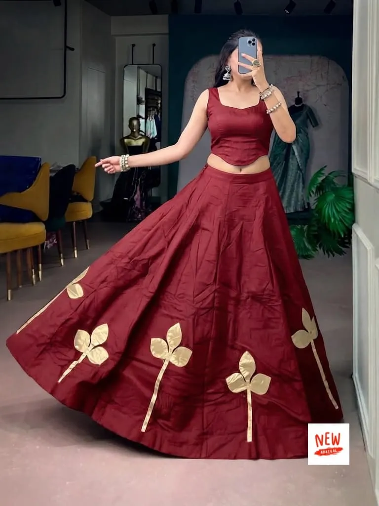 Pure Rayon Cotton 5–6 Meter Flared Skirt with Blouse Fabric | Gold Appliqué Work Festive Lehenga Skirt