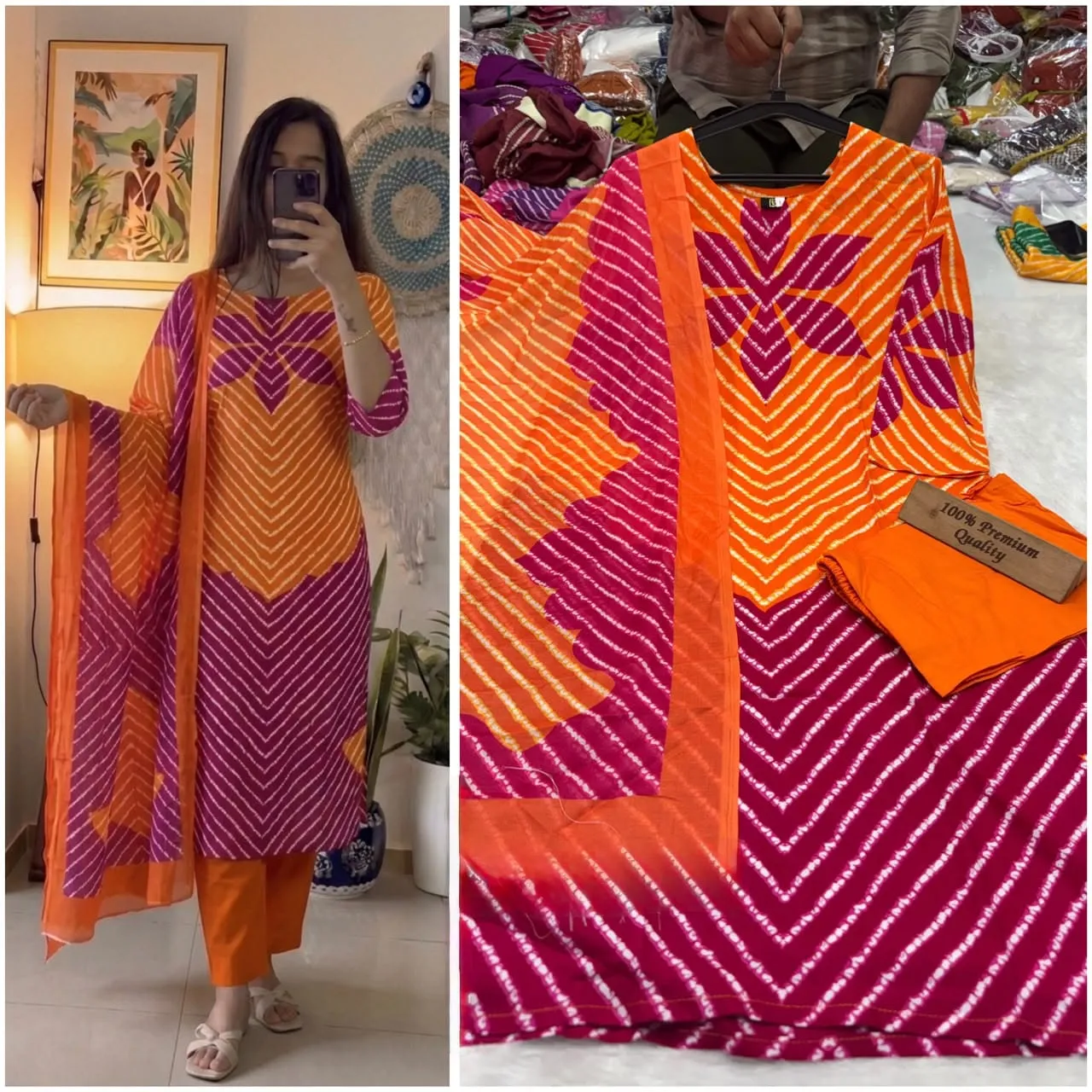 Pure Rayon Cotton Leheriya Printed Kurti Pant Set with Dupatta – 3-Piece Daily & Festive Ethnic Suit Set