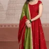Pure Silk Flared Anarkali Gown with Dual-Tone Contrast Dupatta | Handcrafted Butti Work Long Festive Kurti Dress - Image 2