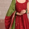 Pure Silk Flared Anarkali Gown with Dual-Tone Contrast Dupatta | Handcrafted Butti Work Long Festive Kurti Dress - Image 4