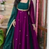Purple Chanderi Silk Pleated Anarkali Gown with Emerald Green Dupatta – Festive Long Frock