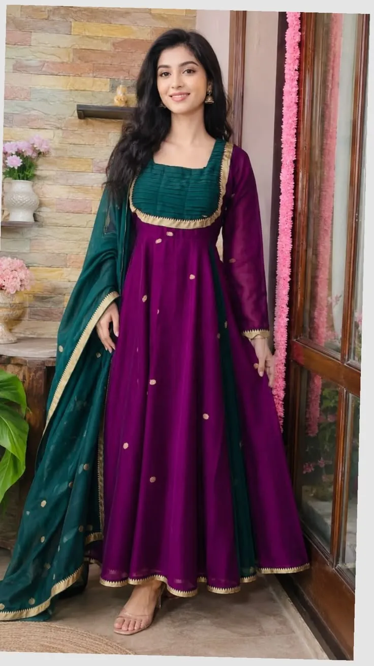 Purple Chanderi Silk Pleated Anarkali Gown with Emerald Green Dupatta – Festive Long Frock