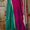 Purple Chanderi Silk Pleated Anarkali Gown with Emerald Green Dupatta – Festive Long Frock - Image 2