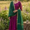 Purple Chanderi Silk Pleated Anarkali Gown with Emerald Green Dupatta – Festive Long Frock - Image 3