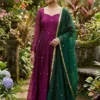 Purple Chanderi Silk Pleated Anarkali Gown with Emerald Green Dupatta – Festive Long Frock - Image 5