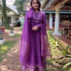 Purple Pleated Chanderi Anarkali Suit with Hand Embroidered Zari Yoke & Dupatta Set | Festive Party Wear Long Kurti Set