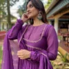 Purple Pleated Chanderi Anarkali Suit with Hand Embroidered Zari Yoke & Dupatta Set | Festive Party Wear Long Kurti Set - Image 2