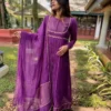 Purple Pleated Chanderi Anarkali Suit with Hand Embroidered Zari Yoke & Dupatta Set | Festive Party Wear Long Kurti Set - Image 3
