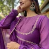 Purple Pleated Chanderi Anarkali Suit with Hand Embroidered Zari Yoke & Dupatta Set | Festive Party Wear Long Kurti Set - Image 5