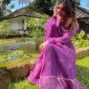 Purple Pleated Chanderi Anarkali Suit with Hand Embroidered Zari Yoke & Dupatta Set | Festive Party Wear Long Kurti Set - Image 7