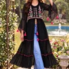 Pushpa Embroidered Georgette Front-Slit Long Kurti – Tiered Indo-Western Flare Tunic with Bell Sleeves