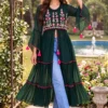 Pushpa Embroidered Georgette Front-Slit Long Kurti – Tiered Indo-Western Flare Tunic with Bell Sleeves - Image 3