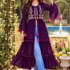 Pushpa Embroidered Georgette Front-Slit Long Kurti – Tiered Indo-Western Flare Tunic with Bell Sleeves - Image 4