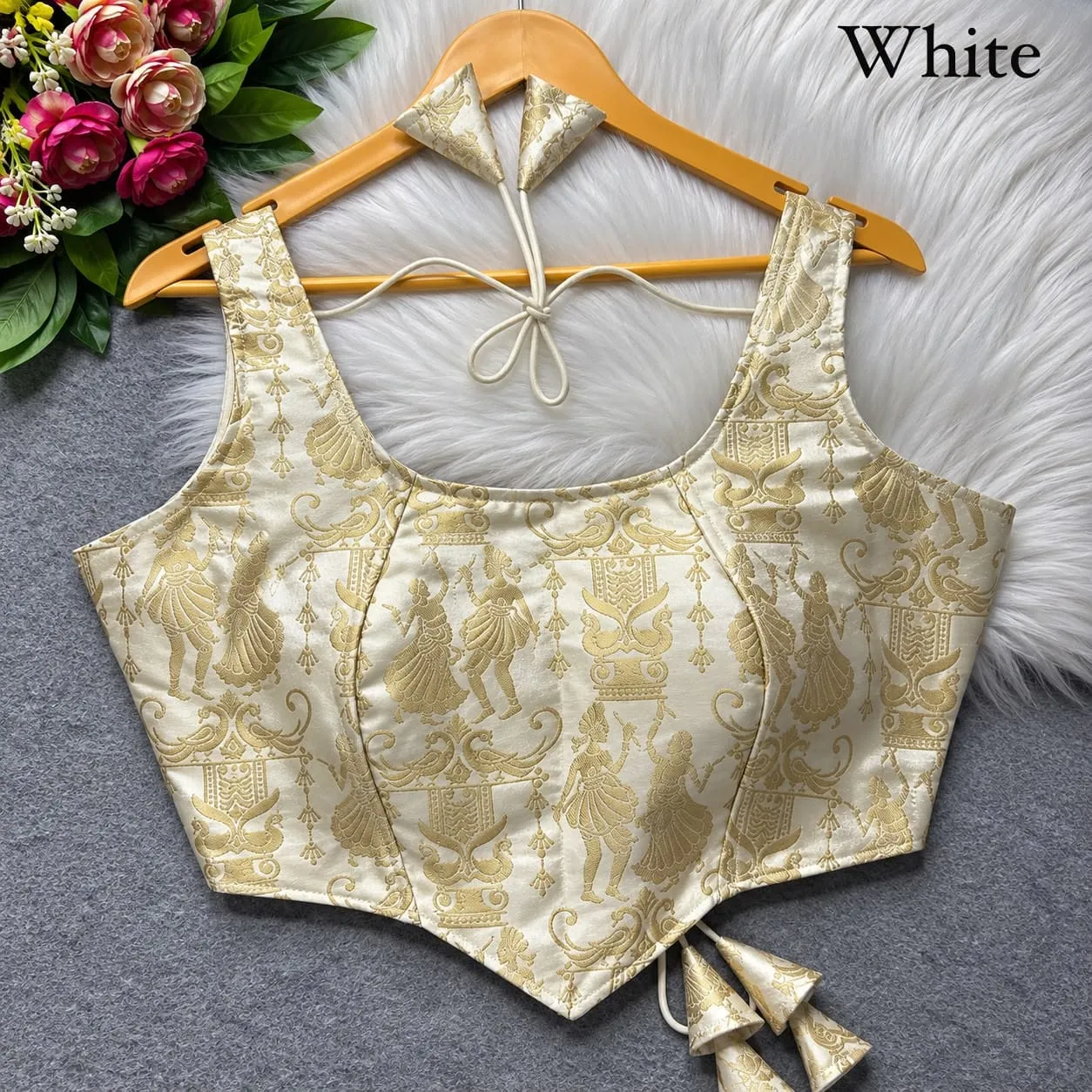 Raas Leela Banarasi Brocade Corset Blouse | Readymade Padded Sleeveless Blouse with Dori & Latkan (Sizes 38-40) - Image 16