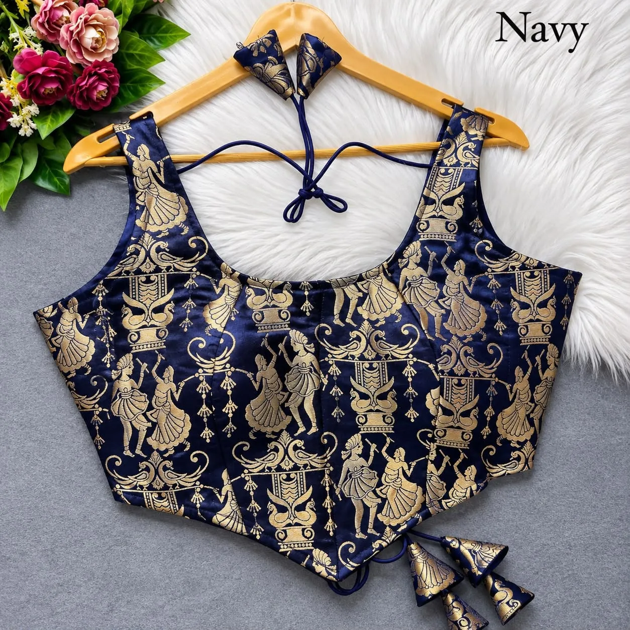 Raas Leela Banarasi Brocade Corset Blouse | Readymade Padded Sleeveless Blouse with Dori & Latkan (Sizes 38-40) - Image 7