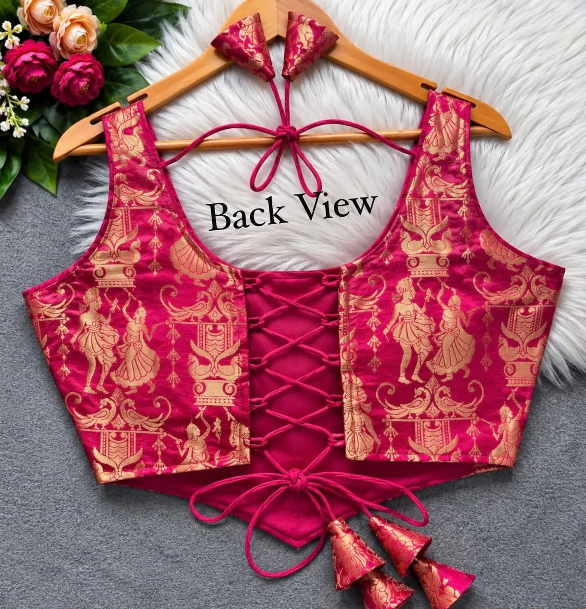 Raas Leela Banarasi Brocade Corset Blouse | Readymade Padded Sleeveless Blouse with Dori & Latkan (Sizes 38-40) - Image 9