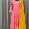 Rani Pink Chanderi Silk Anarkali Kurta Set with Yellow Dupatta | Hand Embroidered Zardozi & Sequin Festive Gown