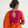 Rani Pink & Orange Colorblock Saree Blouse – Scallop Sheer Neck & Keyhole Back Designer Readymade Blouse - Image 2