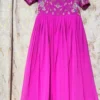 Rani Pink Pleated Georgette Long Frock with Hand Embroidered Yoke | Scallop Hem Maggam Work Anarkali Gown