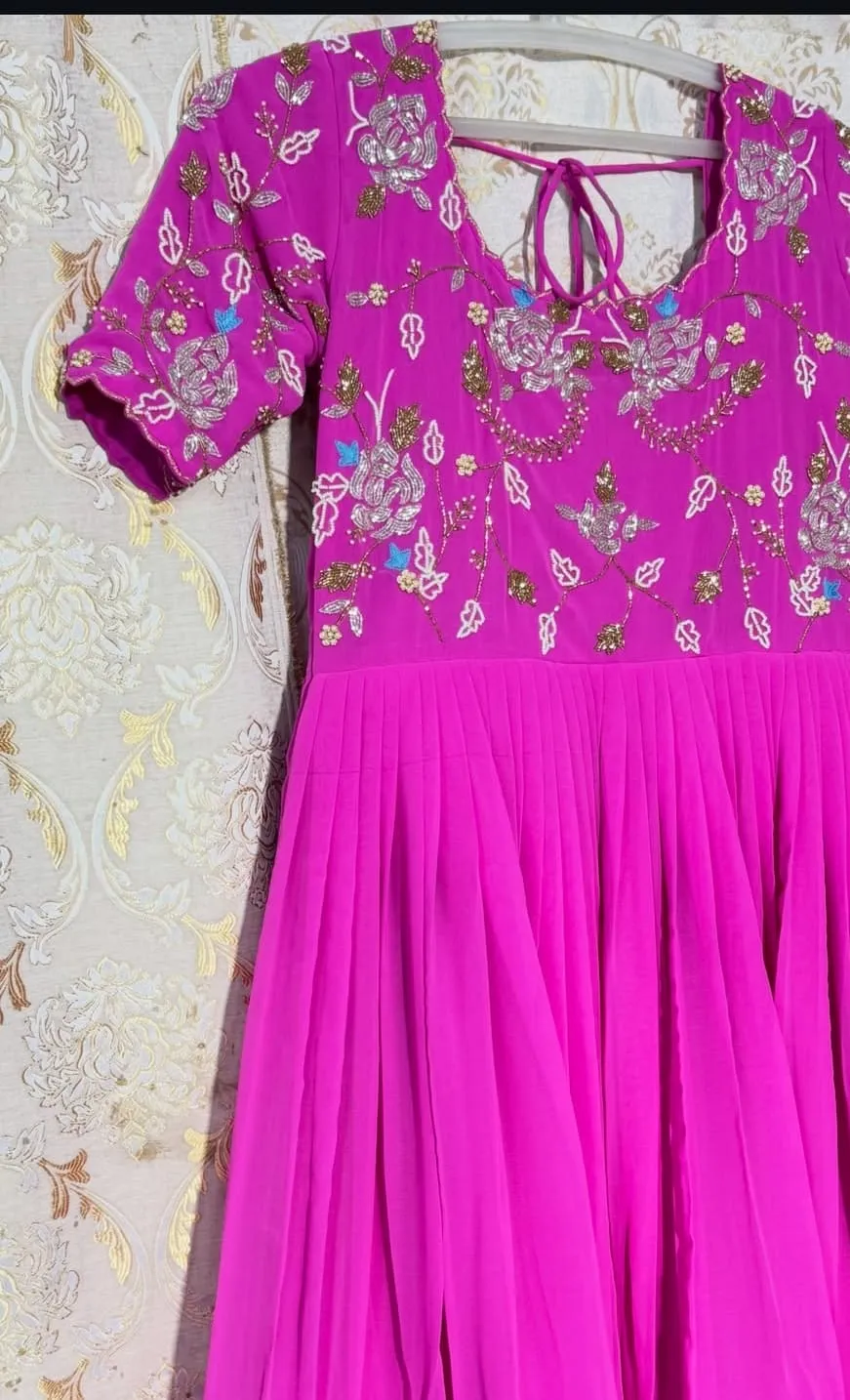 Rani Pink Pleated Georgette Long Frock with Hand Embroidered Yoke | Scallop Hem Maggam Work Anarkali Gown - Image 2