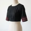 Raw Silk Kutch Work Saree Blouse with Mirror Work Border & Ethnic Buttis | Elegant Boat Neck Handcrafted Designer Blouse