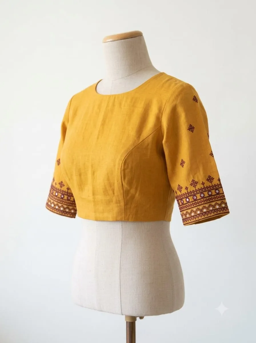 Raw Silk Kutch Work Saree Blouse with Mirror Work Border & Ethnic Buttis | Elegant Boat Neck Handcrafted Designer Blouse - Image 2