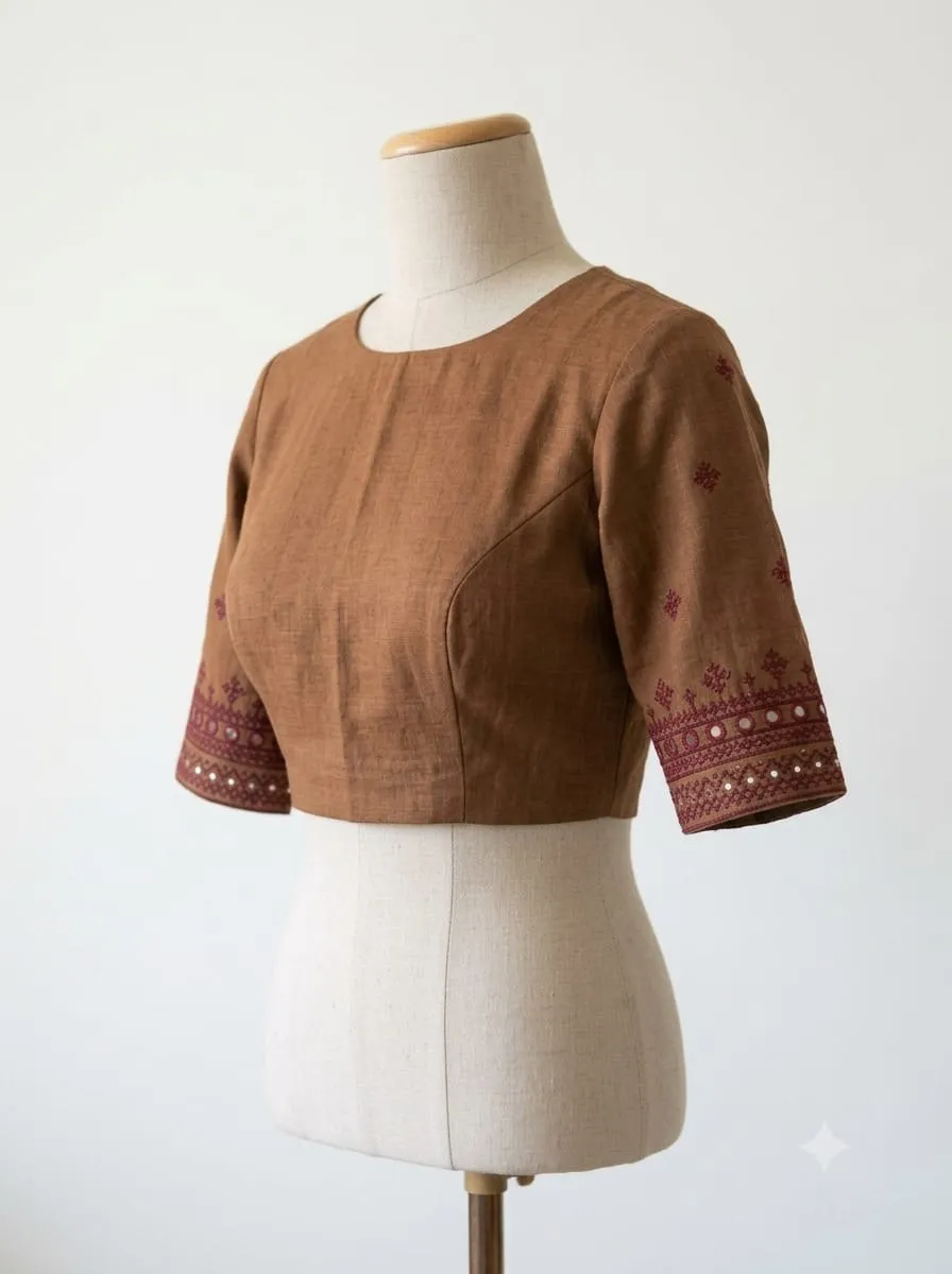 Raw Silk Kutch Work Saree Blouse with Mirror Work Border & Ethnic Buttis | Elegant Boat Neck Handcrafted Designer Blouse - Image 3