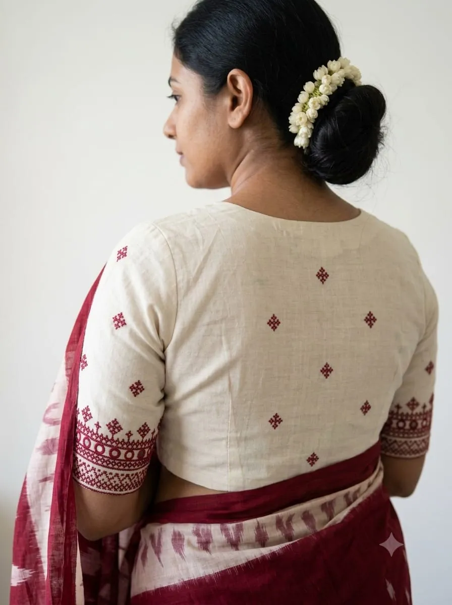 Raw Silk Kutch Work Saree Blouse with Mirror Work Border & Ethnic Buttis | Elegant Boat Neck Handcrafted Designer Blouse - Image 4